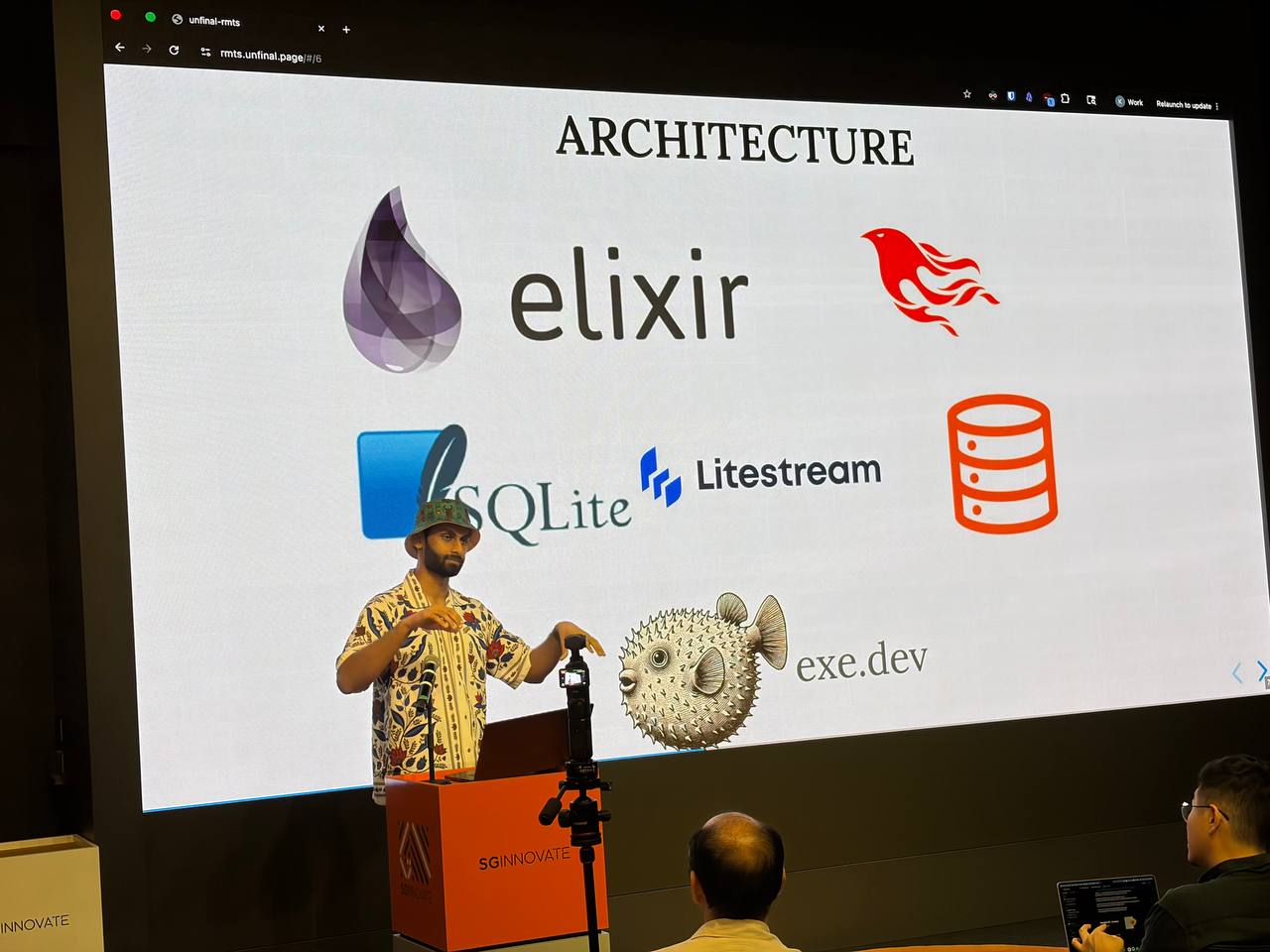 Krishna presenting Unfinal and exe.dev at Roast #7